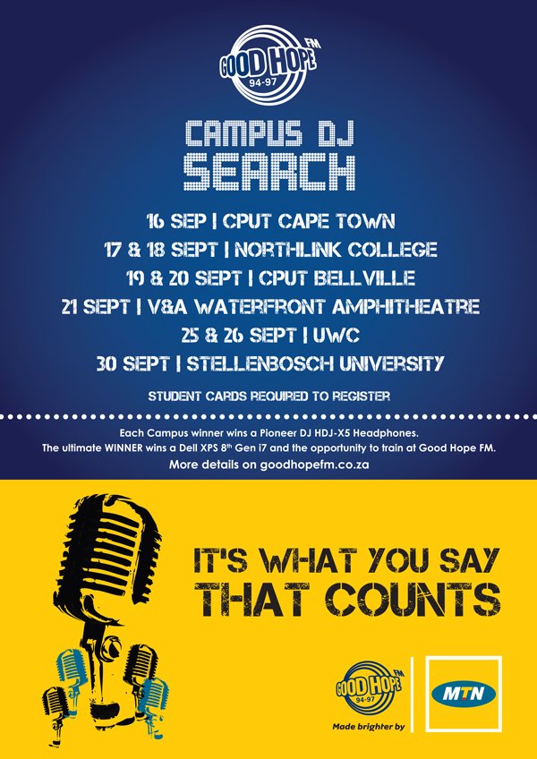 Good Hope FM (@goodhopefm) on Twitter photo #CampusDjSearch is BACK!
From mid-September, we will give students at various campuses across the Peninsula the opportunity to secure on-air training at the station during the Good Hope FM Campus DJ Search made brighter by <a href="/MTNza/">MTN South Africa</a> PULSE.
Details: bit.ly/GHFMCampusDJ #CampusDjSearch is BACK!
From mid-September, we will give students at various campuses across the Peninsula the opportunity to secure on-air training at the station during the Good Hope FM Campus DJ Search made brighter by <a href="/MTNza/">MTN South Africa</a> PULSE.
Details: bit.ly/GHFMCampusDJ