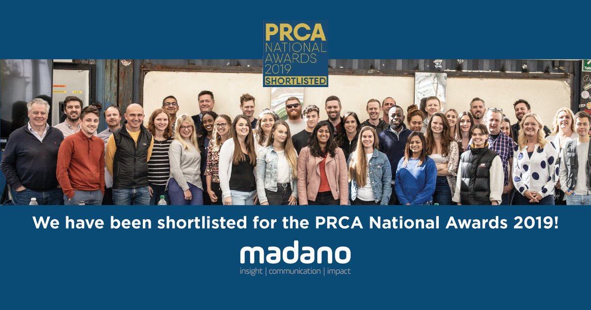 madano's tweet photo. We are thrilled to have been shortlisted in the Crisis and Issues Management category at @PRCA_UK's National Awards! Bring on November 12th #comms #shortlist2019 #TimeToShine #PRCAawards https://t.co/sVC1QWwoeq