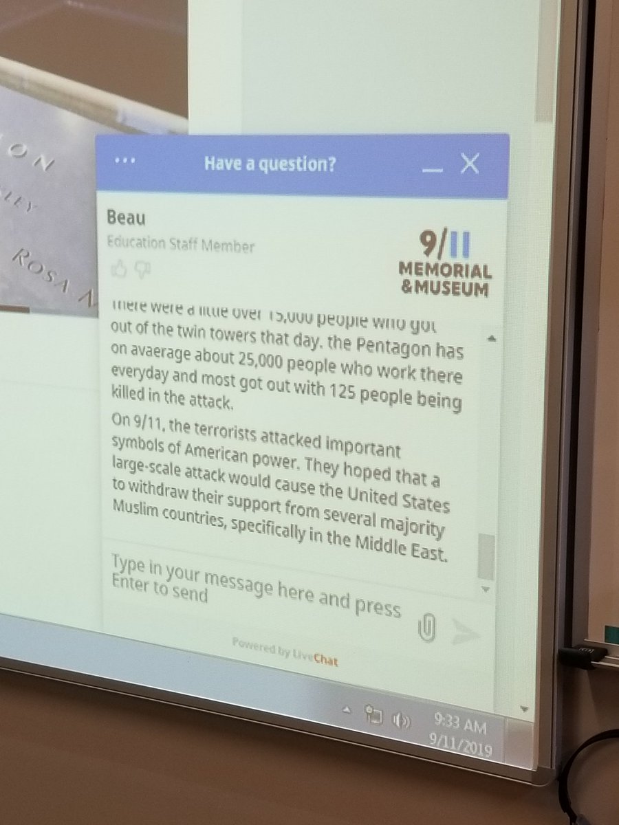 MrsKMuth's tweet photo. Thank you @Sept11Memorial for the webinar today. My students are coming up with though provoking questions and getting great answers back. #911museumed #troysouth #proud2br3 https://t.co/amOFZOEaVf