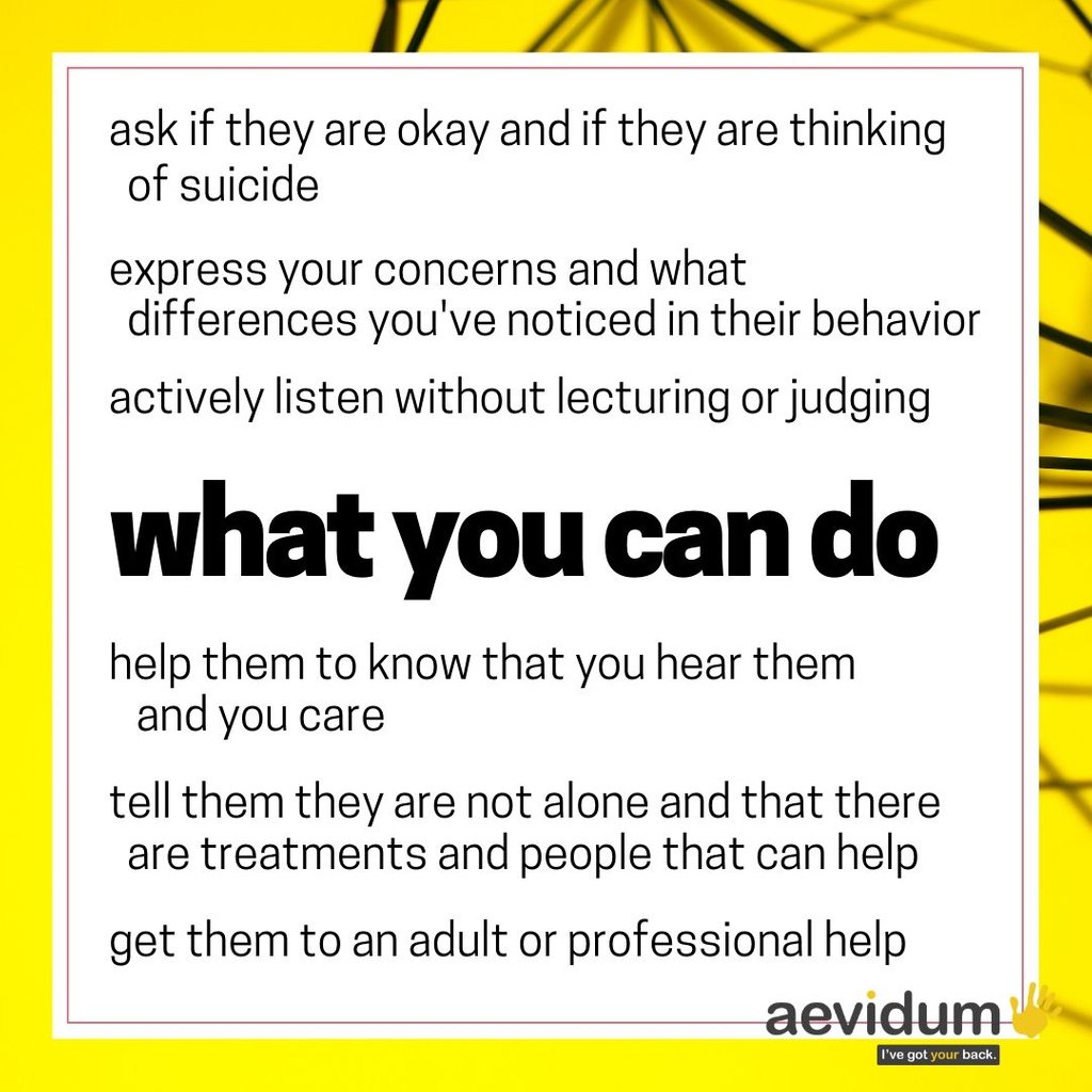 Some of these changes could be warning signs of suicide. Take a minute to learn the warning signs and what to do so you can #BeThere for your friends.

#nspw19 #spw19 #aevidum #gotyourback #preventsuicide #suicideprevention #suicideawareness #suicidewarningsigns