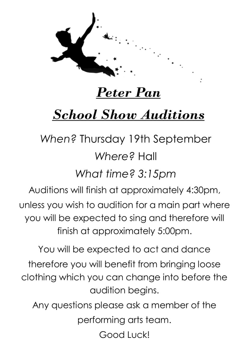 NottmGirlsAcad's tweet photo. So the secret is out this year the school show is 'Peter Pan'! NGA students the auditions take place next week, more information below. Make sure you get involved it's a fantastic experience you don't want to miss out on! #NGAGirlsCan #NGASchoolShow2019 #NGAPeterPan https://t.co/pOxx30V1O6