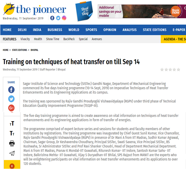 SISTec - Media Coverage📰

🔸Department of ME commenced its five days training programme on Imperative Techniques of Heat Transfer Enhancements and its Engineering Applications at its campus.
#SISTec 
.
#SagarCollege #SagarInstitute
#SagarGroupofInstitutions