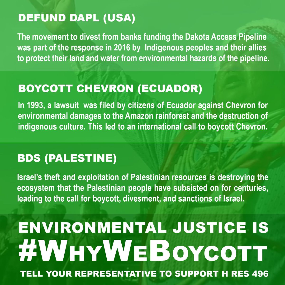 USCPR_'s tweet photo. From the US to Palestine, Indigenous, Black, brown, and working class populations are disproportionately affected by environmental degradation. Environmental justice is #whyweboycott.

Tell Congress to protect our #righttoboycott for justice: https://t.co/QUJhD9FX8L https://t.co/nWp411vfMM