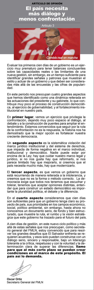 oscarortizsv's tweet photo. Como cada semana, les comparto mi #artículodeopinión, que en esta oportunidad hace una reflexión sobre algunos aspectos que en estos primeros cien días del nuevo gobierno, considero se les debe prestar especial atención. https://t.co/3jIWOeGRh1