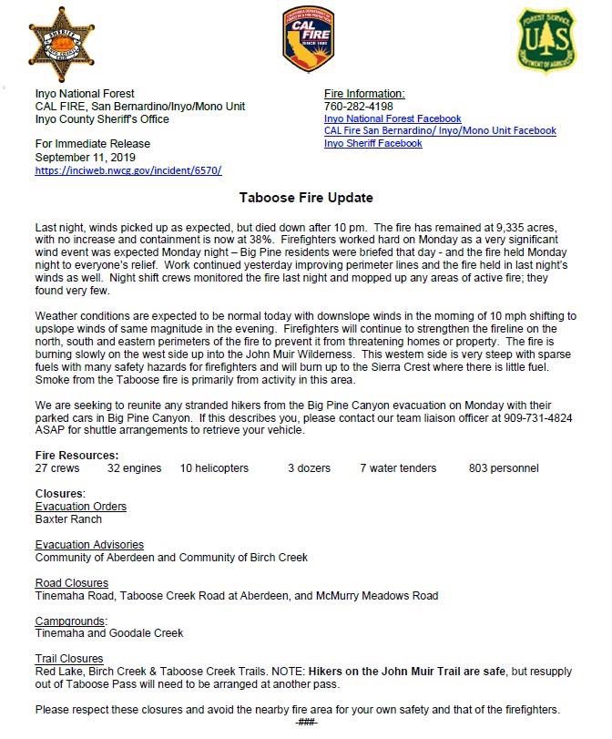 Inyo_NF's tweet photo. #TabooseFire 09-11-19 AM update

We’re seeking to reunite any stranded hikers from the Big Pine Canyon evacuation on Monday w/their parked cars. If this describes you, please contact our team liaison officer at 909-731-4824 ASAP for shuttle arrangements to retrieve your vehicle. https://t.co/4iF4MIO7IN