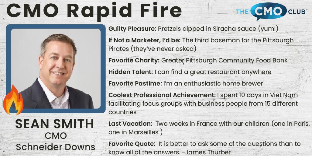 Get to know Pittsburgh CMO Club Member @SeanSmith_SD, CMO at @Schneider_Downs! #CMOrapidFire 🔥🎤 #CMO #marketing