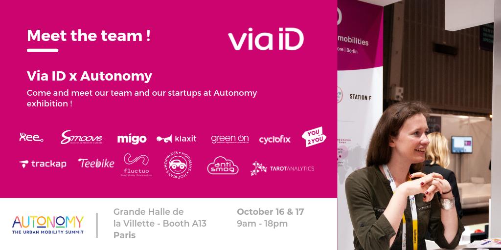 Come and meet the Via ID's team at <a href="/AUTONOMY/">AUTONOMY</a> on October 16th &amp; 17th alongside <a href="/Xee_FR/">Xee</a>, <a href="/Smoove_Off/">George Floyd</a>, <a href="/GetMigo/">Migo</a>, <a href="/KlaxitFR/">Klaxit par BlaBlaCar Daily</a>, @Green_On, <a href="/Cyclofix/">Cyclofix</a>, @you2youfrance, <a href="/ap_track/">TrackAp</a>, TeeBike, <a href="/Hopways_France/">Hopways</a>, <a href="/fluctuo/">Fluctuo</a>, <a href="/antismog_co/">antismog.co</a> and <a href="/TarotAnalytics/">Tarot Analytics</a>.
We are waiting for you !