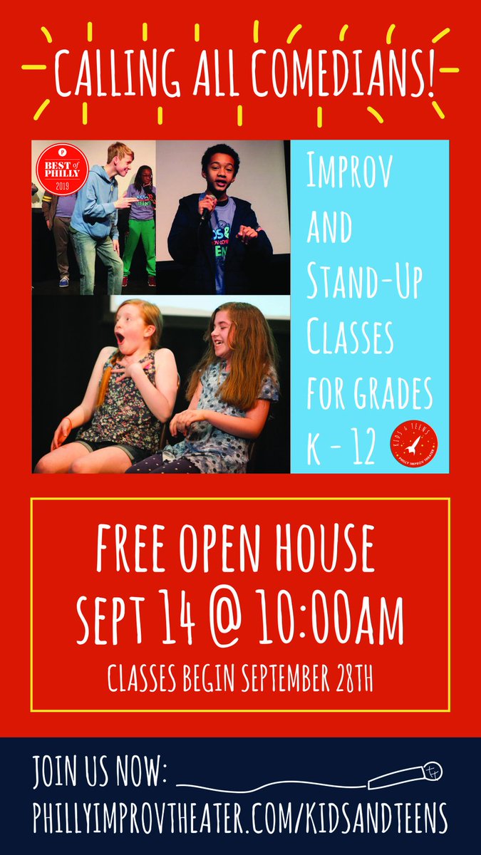 PHITKidsTeens's tweet photo. Free open house this Saturday, Sept 14 at 10am for grades K-12! Come on out and see what a class at PHIT is like before you sign up!

Learn more here:
https://t.co/unhlGt2gJN

#phillycomedy https://t.co/XAMGViz0Uy