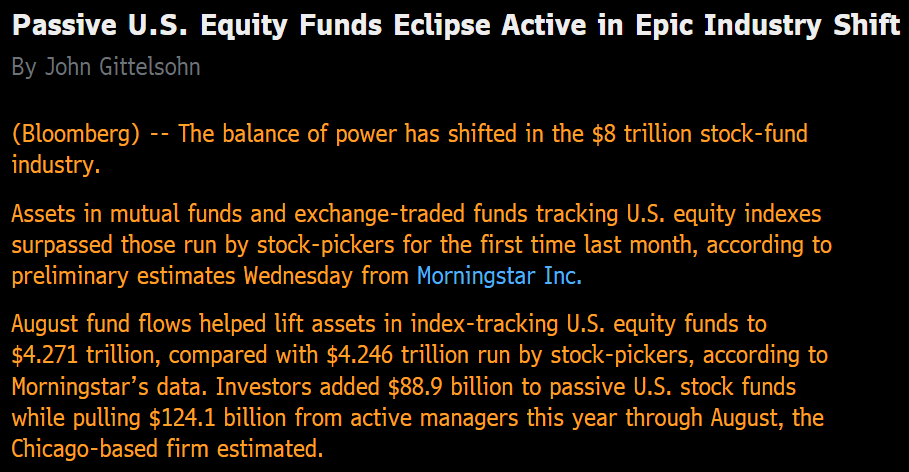 Passive is now officially bigger than active on equity side ($4.27T vs $4.25T) per Morningstar, after August flows tipped scales. If this sounds familiar it's bc they announced it for large caps in Q4. This time it's for whole enchilada. Story on Terminal via @JohnGitt