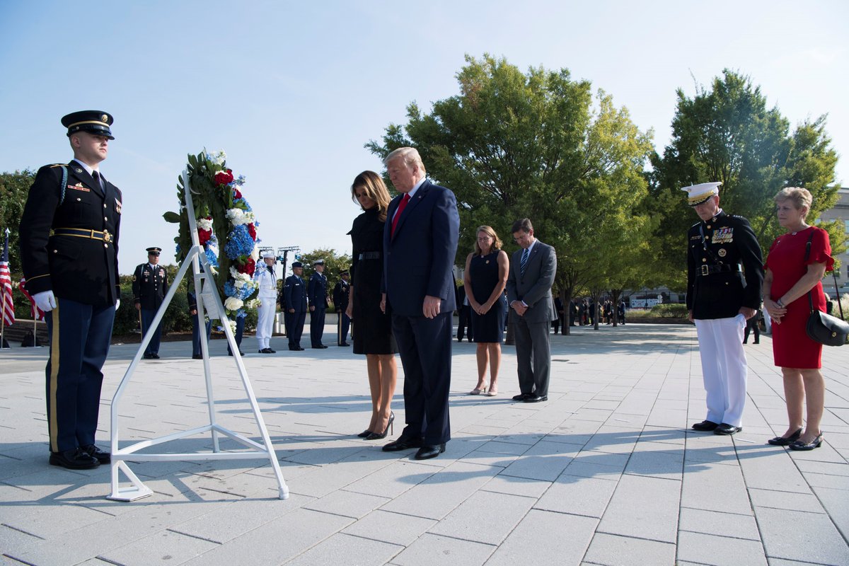 EsperDoD's tweet photo. Today we honor the lives taken by the horrific terrorist attacks 18 years ago, and the lives of those who have died fighting since then to defend the American values attacked that day. Our commitment to see that fight through will never waver. #NeverForget https://t.co/Zs6IjGWDLx