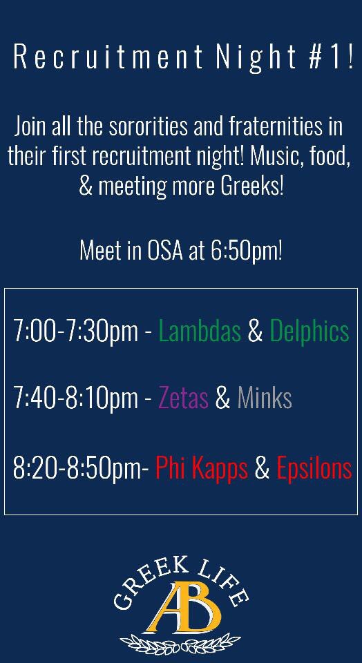 #GoGreekAB come out tonight and find your family 💜 we’re excited to meet everyone!!! <a href="/ab_greek/">AB Greek Life</a>