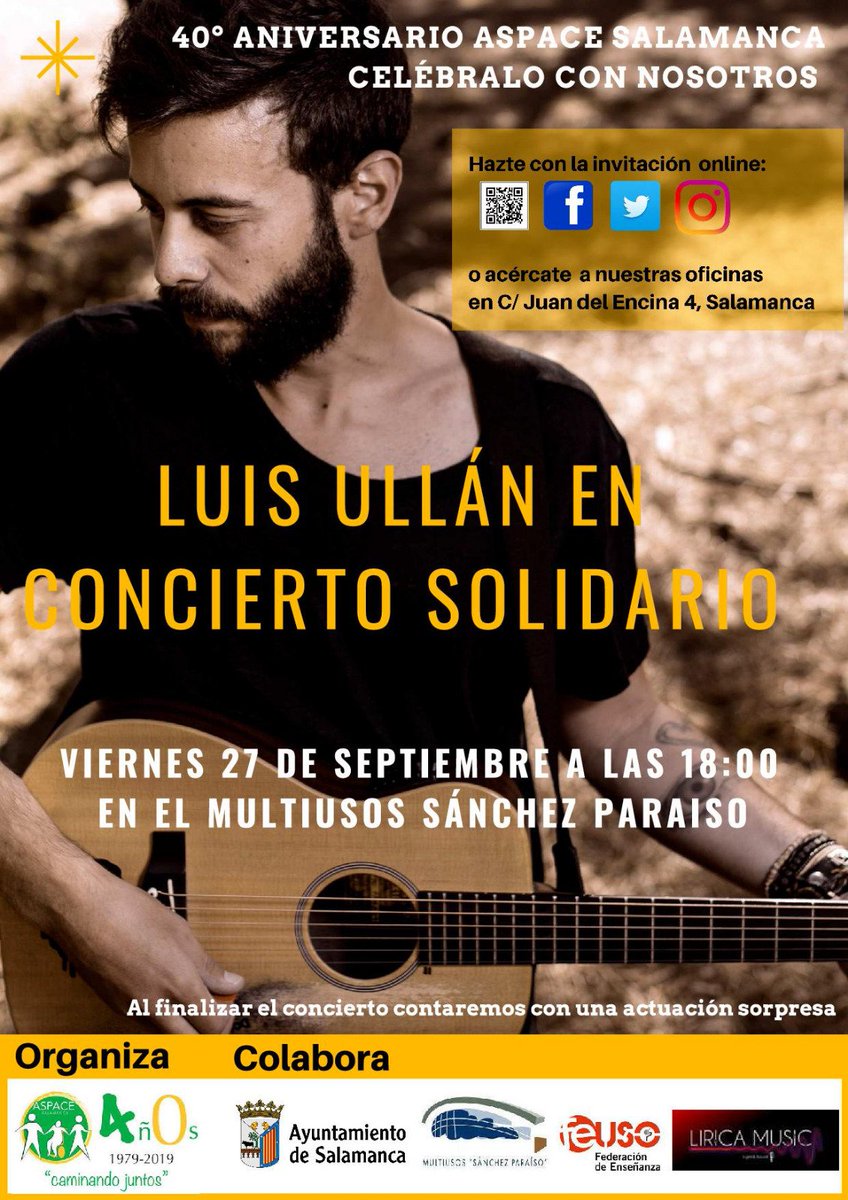 Para celebrar nuestro 40 aniversario hemos preparado un concierto solidario del cantautor salmantino <a href="/luisullan/">luis ullán</a> el viernes 27 de septiembre a las 18:00 en el <a href="/msparaiso/">multiusossanchez</a>  Pincha el enlace y solicitar tu invitación.cort.as/-QO6J
Compártelo y ayúdanos a difundirlo.