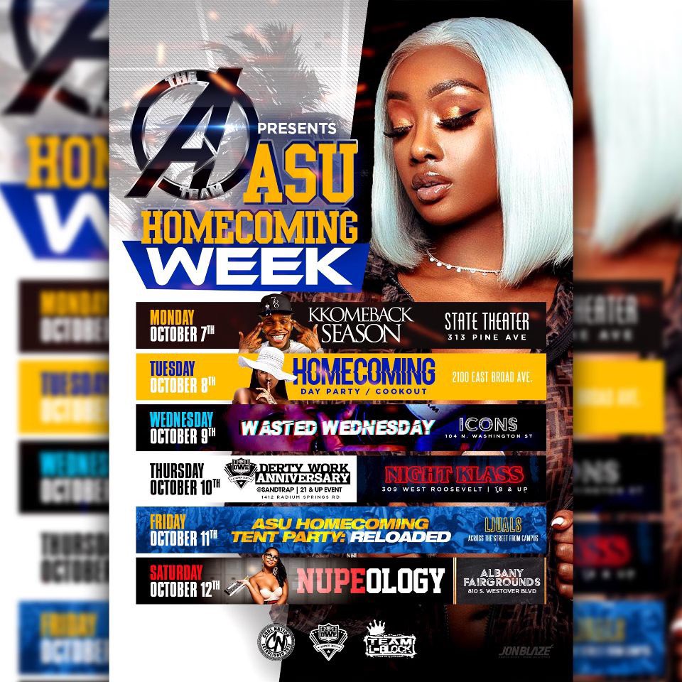 italyyaa's tweet photo. #ATeam #ASUHomecoming Line Up
11/7 #BlackkOut โ #StateTheater
11/8 #DayParty X #CookOut ๐ญ๐
11/9 #WastedWednesday ๐ฅ๐คค๐ฅด
11/10 #DertyWorkAnniversary 21+
11/10 #NightKlass โฆ๏ธ18+
11/11 #Legendary #MidnightX #TentParty RELOADED
11/12 #Nupeology ๐น #Fairgrounds
@LBlockASU https://t.co/IqZJISRqnH