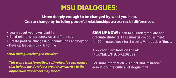 MSUSHRLR's tweet photo. "Listen deeply enough to be changed by what you hear. Create change by building powerful relationships across differences."
Open to all undergraduate and graduate students. Space is limited.
Application available at: https://t.co/IefczK532p
#MSUDialogues https://t.co/8XYO3ECalM