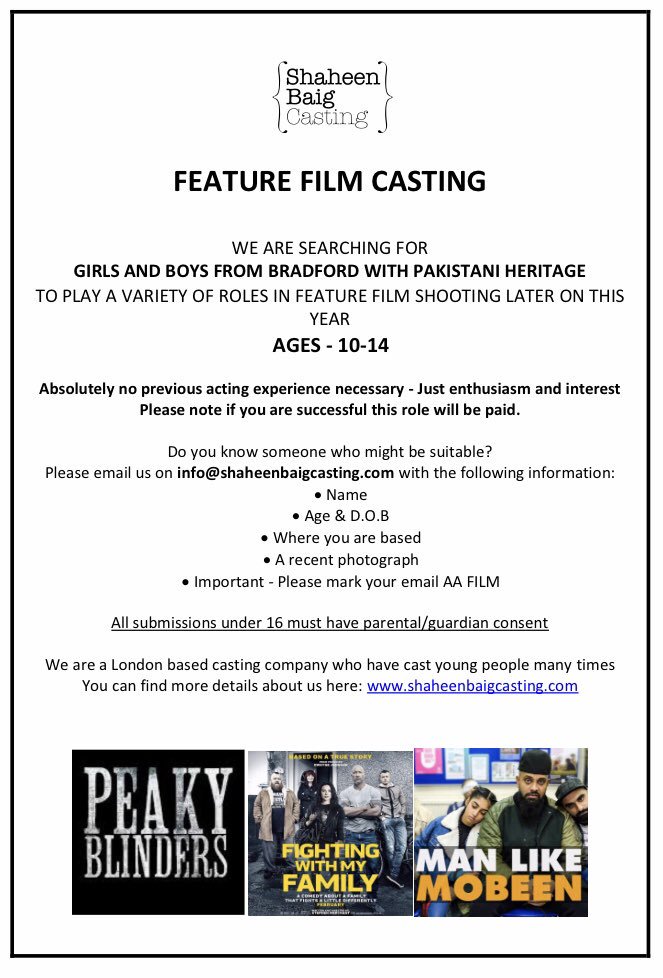 #CASTING @sbaigcasting are looking for local young people to be cast in a feature film, which is starting production later this year. See images for more info! @bradfordmdc @Bradford_TandA @BBCLeeds #bradford #filming #castingcall #westyorkshire #actor #actress