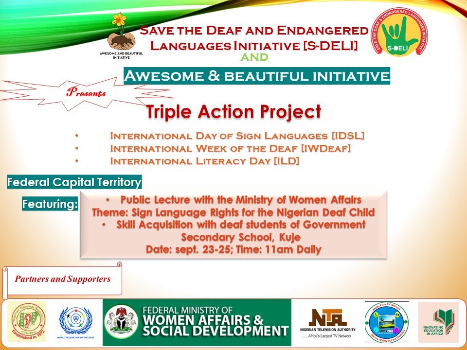 sdeli_org's tweet photo. Abuja get ready for our Triple Action Project! International Day of Sign Languages, International Week of the Deaf and International Literacy Day, #IDSL2019, #IWDeaf2019, #ILD2019. https://t.co/TJ4WBkeJsI