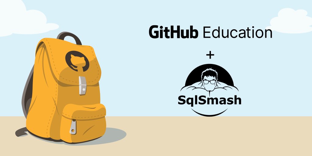 GitHubEducation's tweet photo. SELECT @SQLSmash
FROM @GitHub Student Developer Pack 
JOIN Today at https://t.co/52LbbkULvb 

Write better SQL, faster, with @SQLSmash for SQL Server Management Studio. Get a free license with the #GitHubPack ✨ https://t.co/TifEfUlp9z