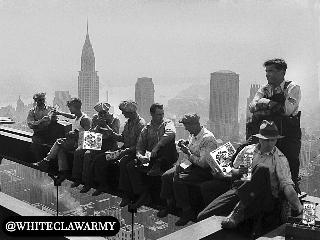 whiteclawarmy's tweet photo. Construction workers take White Claw break on a steel beam atop the RCA Building at Rockefeller Center, New York City, 1932 (pre-OSHA) https://t.co/MJ7r0ZlCBc