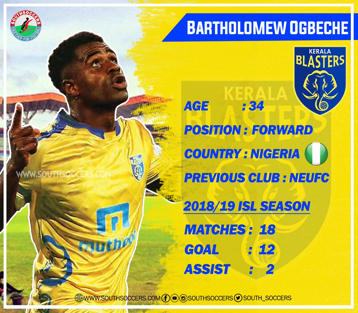 south_soccers's tweet photo. Meet the players who will play for @KeralaBlasters in the 2019/20 season
Bartholomew Ogbeche
#KeralaBlasters #PlayerIdentity #ISL #SouthSoccers https://t.co/G1j0WCLUOl
