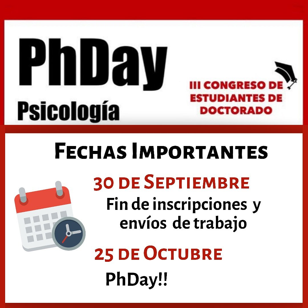🗓 Os recordamos las fechas más importantes de este 2019! No os podéis perder el #phdaypsicologia2019 😎
Para asistir, pasa por aquí: bit.ly/2lxVZHm
Para compartir tu trabajo, por aquí: bit.ly/2koNcr4
Te esperamos😊
 #doctorado #congreso #estudiantes #Psicologia