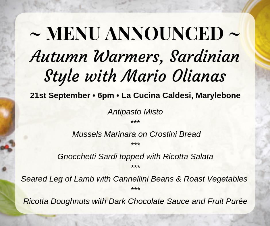 Only two tickets left for our Autumn supper club with @MarioOlianas next Saturday! As well as learning how to cook this delicious menu, you'll also go home with a goody bag with products from @Viners_UK, @byportmeirion & @ZoninWinesUK! For info & tickets: bit.ly/2kwqBt1