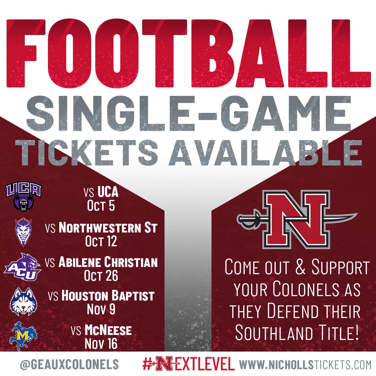 GeauxColonels's tweet photo. Don't miss out on @Nicholls_FB at home this season! Single game tickets are available now! Season tickets are also still available. #GeauxColonels #PackGuidry
ποΈ: https://t.co/fG5H6zrQp3
π: 985-448-4790 https://t.co/vpTzCV59SX