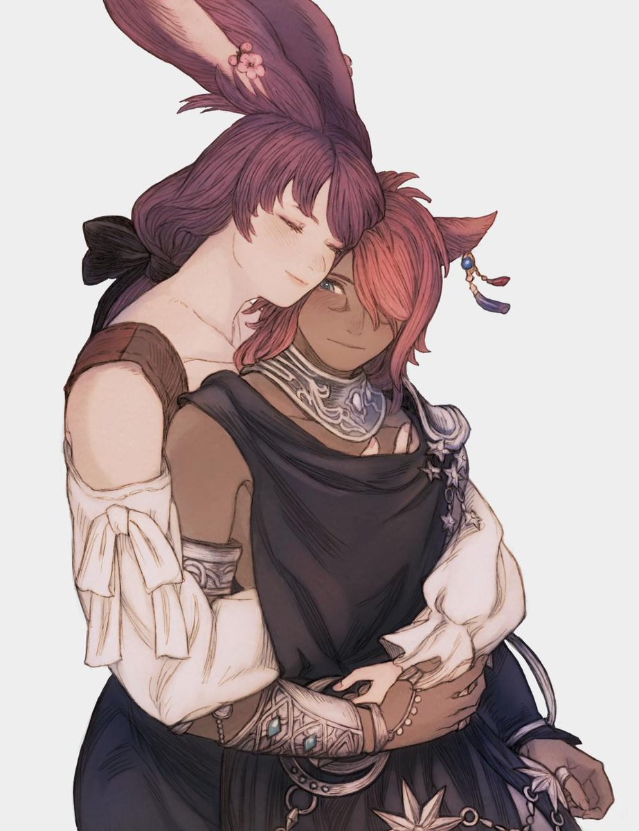 animal ears hug hug from behind viera rabbit ears miqo'te red hair  illustration images