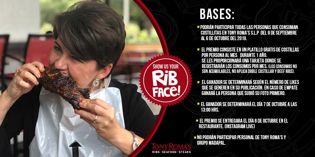 TonyRomasSLP's tweet photo. Es tu momento para mostrarnos tu mejor cara al comer con nosotros, es muy sencillo concursar:
1.- Siguenos en instagram
https://t.co/f0HevjgroY
2.- Publica un selfie comiendo costillas en Tony Roma’s SLP con el hashtag #Ribface
3.- ETIQUETANOS EN TU FOTO
@TONYR.SLP https://t.co/vLvtJvsLF2