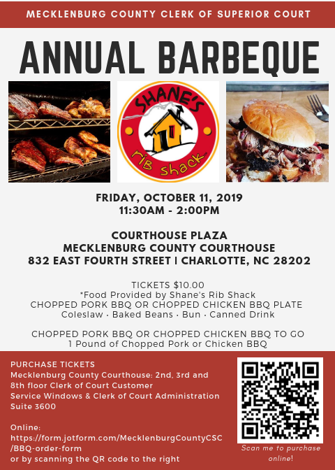 MeckClerk's tweet photo. It's BBQ Time! Please join the Mecklenburg County Clerk of Superior Court's Office as we continue the proud tradition of hosting the Mecklenburg County community for our annual barbeque fundraiser on Friday, October 11, 2019! Please see the flyer for more information: https://t.co/BS5XaWiWld