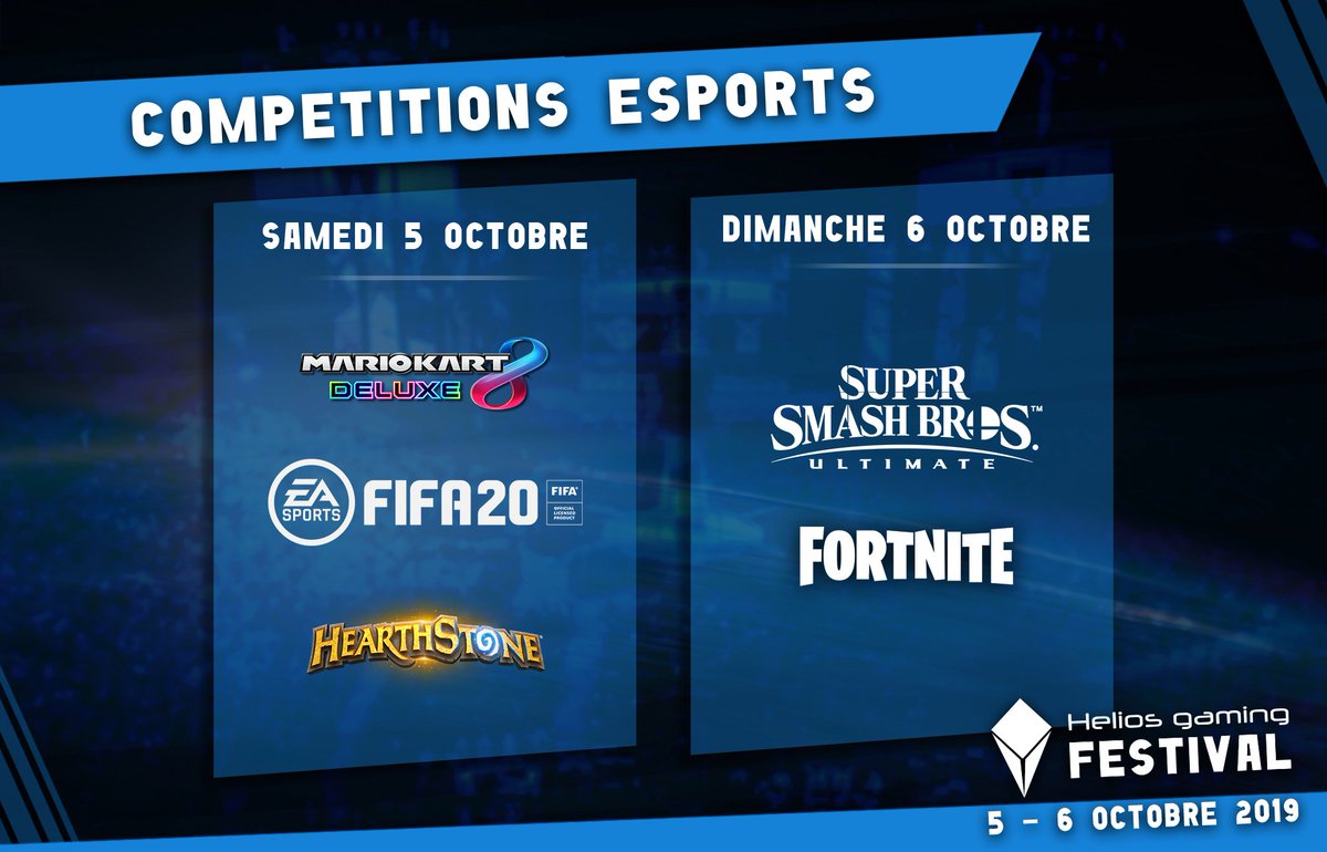 HeliosGamingFR's tweet photo. Les voici, les compétitions esports du Helios Gaming Festival !

Inscriptions sur place pour #FIFA et #MarioKart8Deluxe, en ligne pour #Hearthstone, #SuperSmashBrosUltimate et #Fortnite à partir de ce Dimanche 15 Septembre à 20h😉 !

Infos sur l'événement: https://t.co/M10SA2EOpH https://t.co/A9toOOPyHv