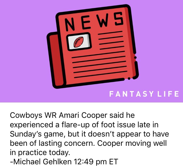 FBInjuryDoc's tweet image. If it happened, if he mentioned it, if it&apos;s been a concern in the past, it&apos;s a lasting concern. This is why I avoided Cooper in drafts. Consider selling high. Like... now