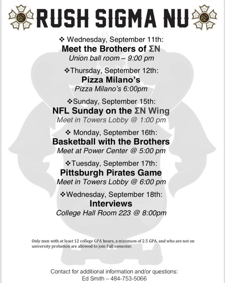 sigmanuduq's tweet photo. Fall Recruitment is finally here!! Come to any of our events for a chance to meet us and learn about Sigma Nu! #rushΣΝ #gogreek https://t.co/qFVgOfSS4f
