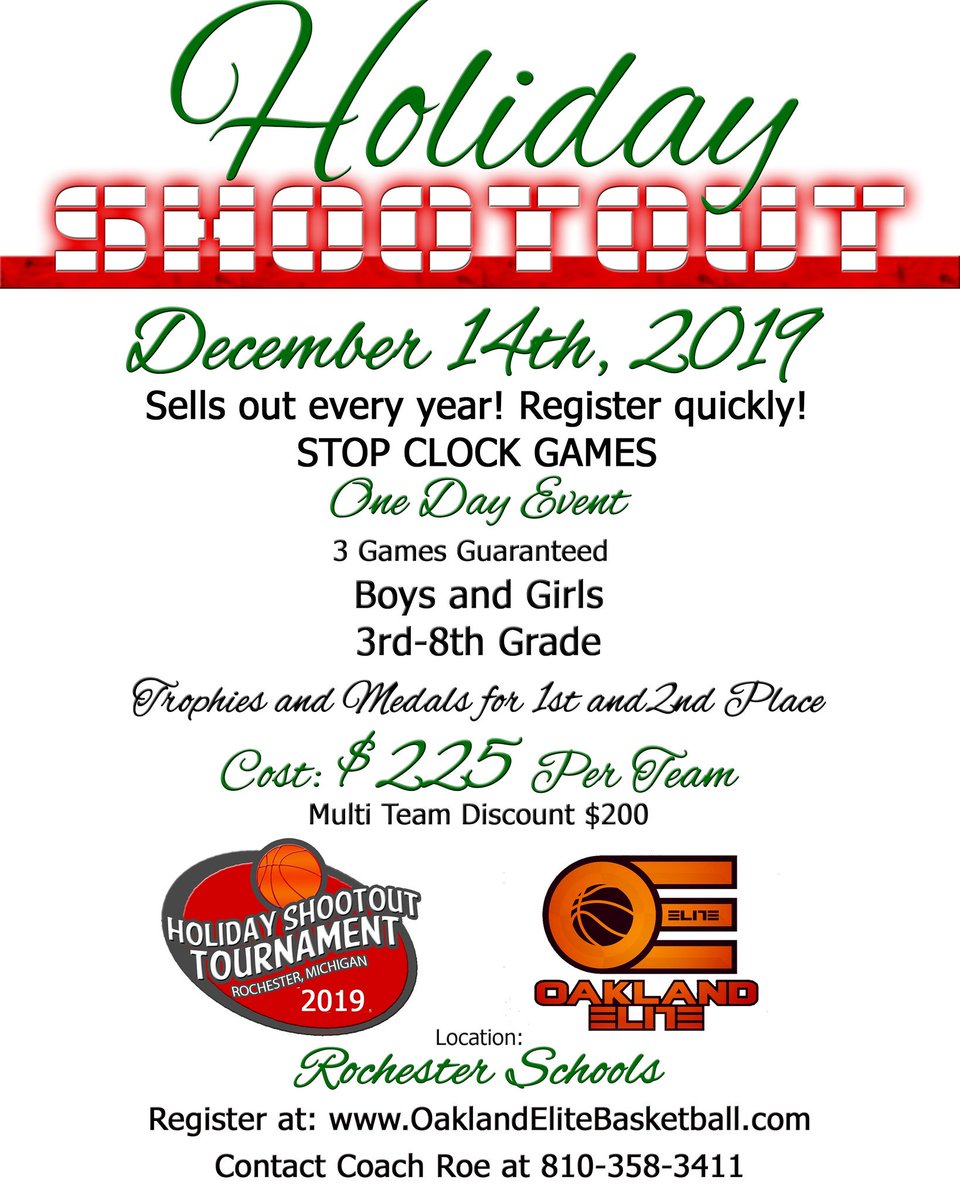 Holiday Shootout December 14th!  Sell out every year.  Make sure you get registered asap! 

@BTOElite @coachjjayson @ReachLegends @Reach2024 @TheFamily_bball @coachal0605 @motor_bad @miwarriors1 @glwarriorz @mwabasketball @grstormbb @LProspectors @factorybasketb1 @AABA_Elite