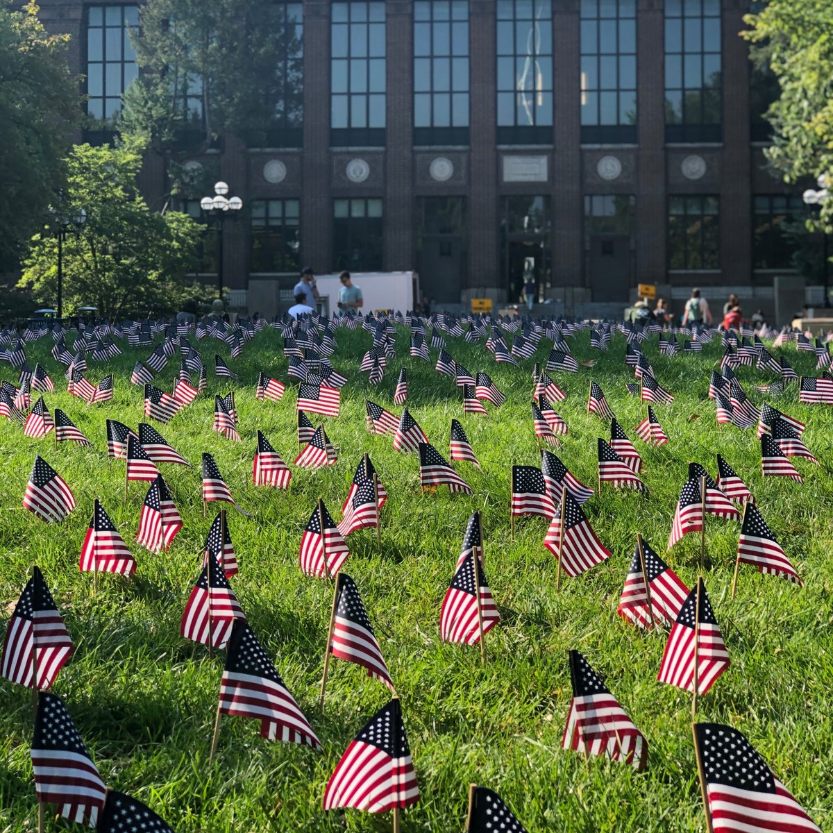 2,977 flags, placed by U-M Students, stand on the Diag in remembrance today. #NeverForget