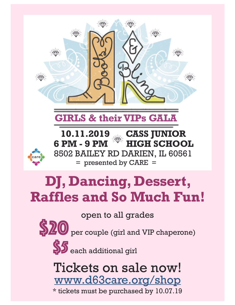 d63care's tweet photo. Calling all Cass D63 girls!

Come on out with your dad, favorite male role model or favorite VIP for a fun night of dancing, dessert and fun! 
Open to all grades, Pre-K through 8th. 

Boots &amp; Bling: Girls &amp; Their VIPs Gala
Tickets available at https://t.co/IURq19Pk3R https://t.co/eUIe64WUvt