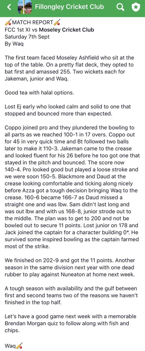 🏏MATCH REPORT🏏 
FCC 1st XI vs Moseley Cricket Club
Saturday 7th Sept
By Waq