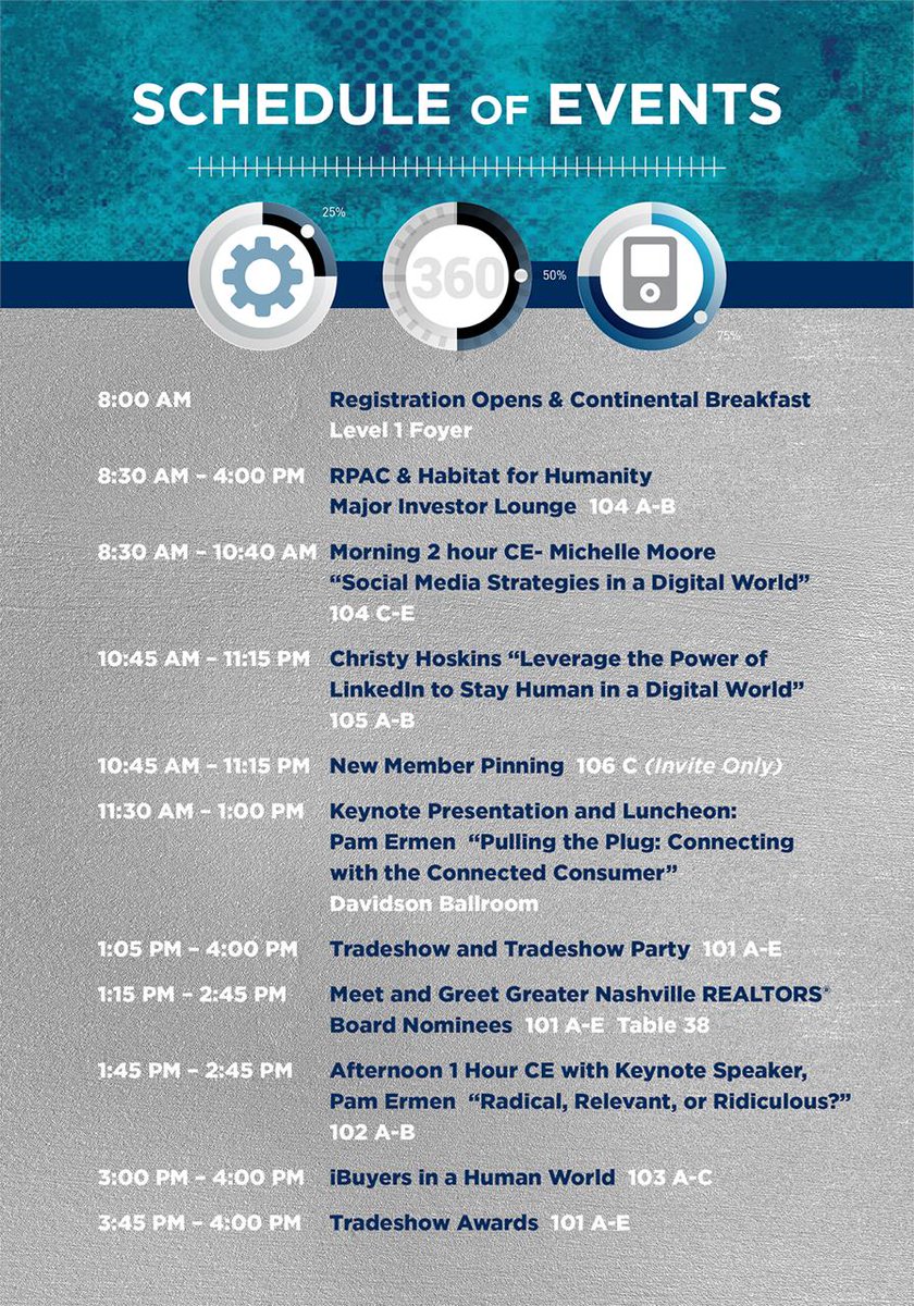The release of the schedule for the 2019 Middle Tennessee REALTORS® Convention is here!  Register today, you don't want to miss it! Don't miss the iBuyer Panel, Pamela Ermen, Christy Hoskins and much more! #unplugged2019

ow.ly/p9an50vXQvb