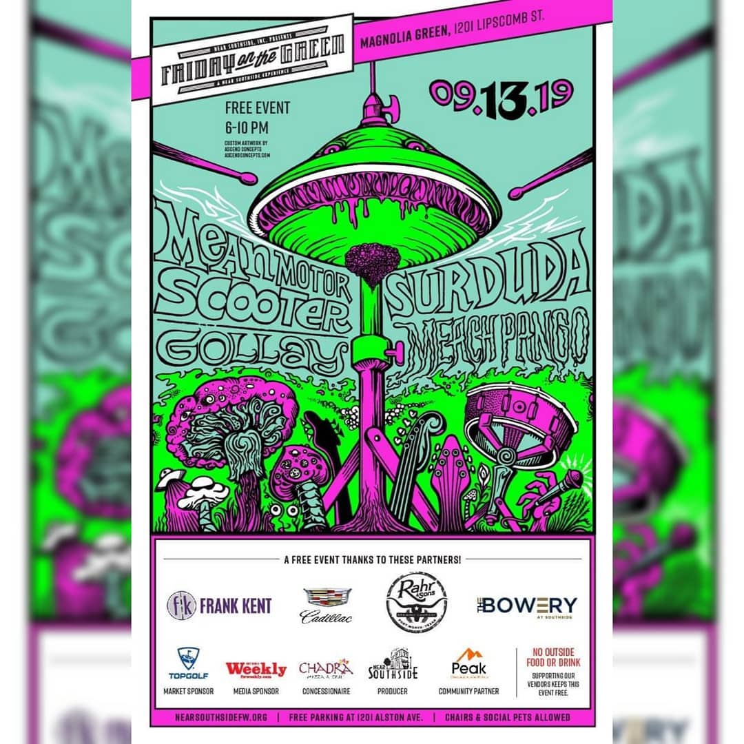 MnMtrSctr's tweet photo. #tour #KickOff is this Friday w/ @sur_duda, @rachnyk & @meachpango for #fridayonthegreen. Let's party it down.
#FortWorth #DFW #music #concert #surduda #meachpango #gollay #meanmotorscooter #magnoliagreen https://t.co/gfa5yV1p93