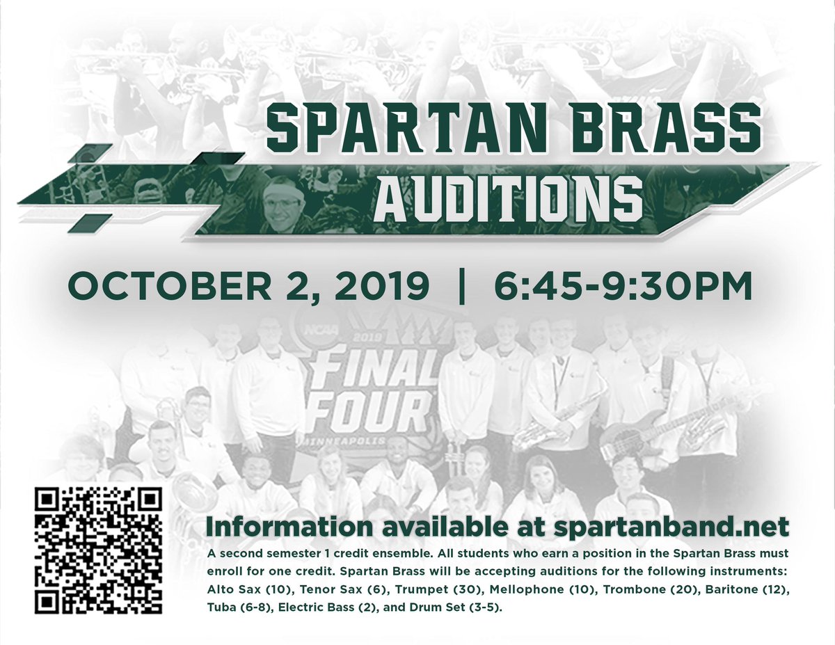 Announcing auditions for the 2019-2020 season!  Please consider auditioning for the group that supports @MichStVB <a href="/MSU_Hockey/">Michigan State Hockey</a> <a href="/MSU_Basketball/">Michigan State Men's Basketball</a> <a href="/MSU_WBasketball/">Michigan State Women's Basketball</a> <a href="/michiganstateu/">MSU</a> #gogreen