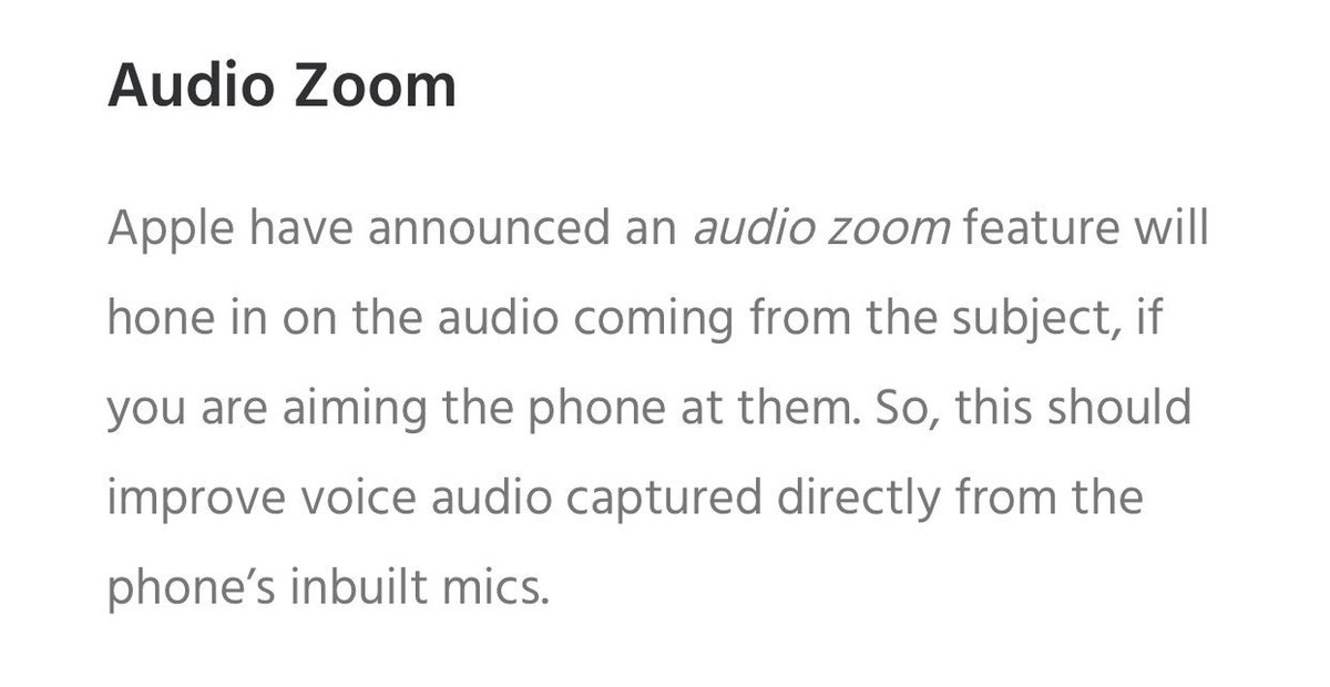 MarcSettle's tweet photo. As ever, bloggers and the tech press went big on the camera of the new iPhones and although audio is a vital part of video there’s been precious little about a new feature “Audio Zoom” beyond these snippets. Does anyone know any more? #audiozoom https://t.co/cxrwda06TD