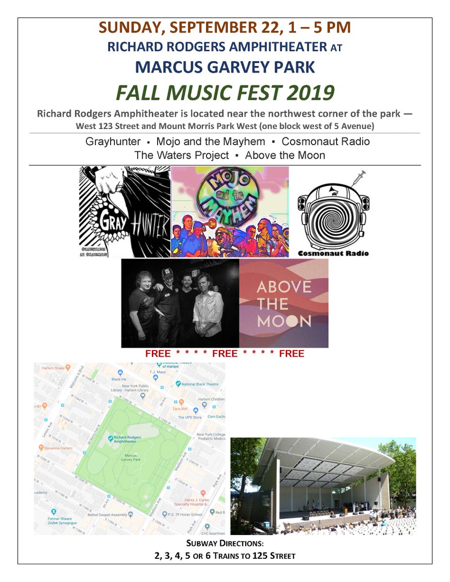 Savor the last day of summer at Fall Music Fest 2019. Head to Richard Rodgers Amphitheater in Marcus Garvey Park in Harlem on September 22 for a FREE show from 1-5 PM with sick local bands like  The Waters Project, Above the Moon, and more. bit.ly/2zZdV1E