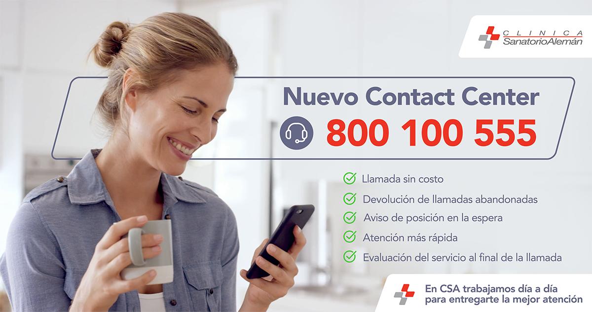 Recuerda que hemos habilitado un nuevo número de Contact Center.
Llama sin costo al 800 100 555 y solicita tus horas de atención a exámenes, consultas y más.
En #CSA trabajamos día a día para entregarte la mejor atención.