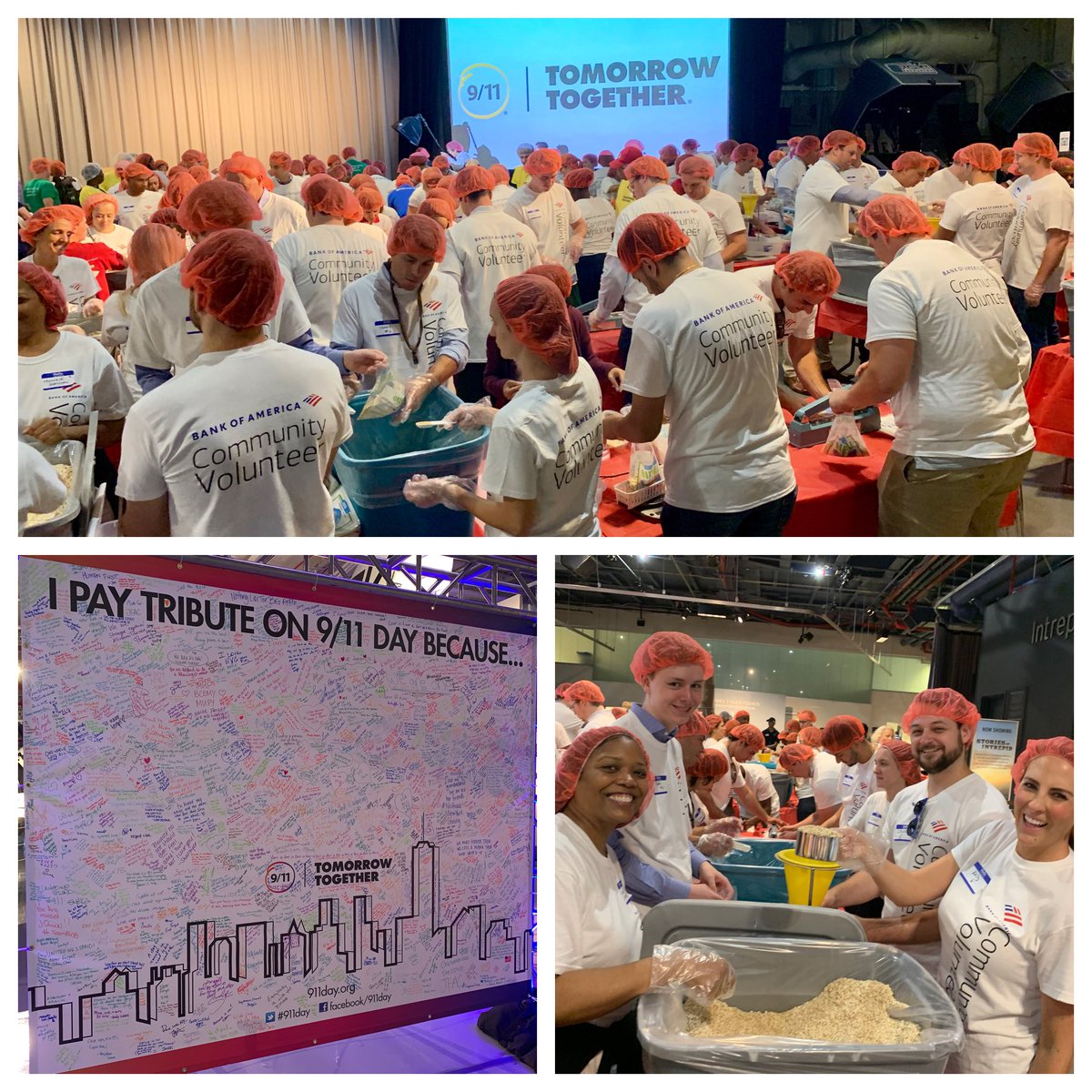 To commemorate those who lost their lives on 9/11, <a href="/BankofAmerica/">Bank of America</a> NYC employees are volunteering today with <a href="/911Day/">9/11 Day</a> on the <a href="/IntrepidMuseum/">Intrepid Museum</a>. They join the effort to pack 1 million meals for New Yorkers in need. #NeverForget #BofAVolunteers #911Day