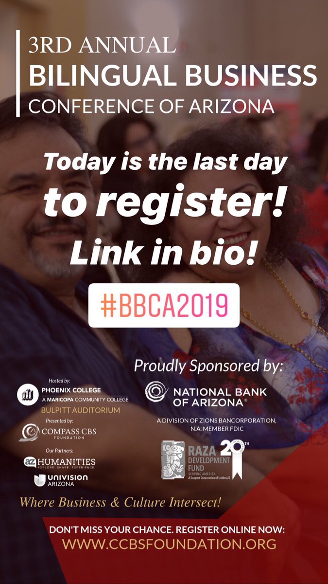 EdgarROlivo's tweet photo. Today is the last day to register! 🙏 Sponsors: @UnivisionAZ @PhoenixCollege @NBAZInteractive @RazaFund @AZHumanities @OneCommunityAZ @myvsuw
Save your tickets today! Grow in a global economy! Where business and culture intersect!
Click here: https://t.co/tUWNmoxnQ9
#BBCA2019 https://t.co/Oa9iRzoZEV