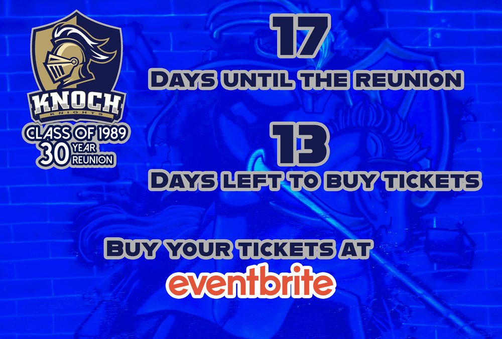Knoch1989's tweet photo. 17 days until the 30 year reunion!  You still have 13 days to get tickets!  https://t.co/GfHYt4PM23  #knoch #classof1989 #reunion https://t.co/FgUTr3mAoE