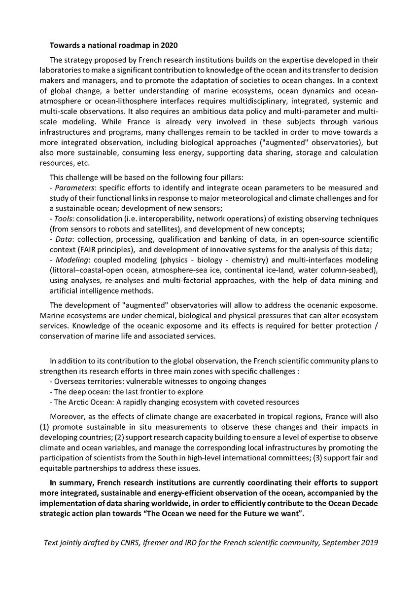 OceanObs19's tweet photo. The French scientific community, led by @CNRS, @Ifremer_fr, and @ird_fr issued a statement in support of #OceanObs19 and their objectives for a global ocean observing roadmap for the #OceanDecade. https://t.co/vSYfBrq4il