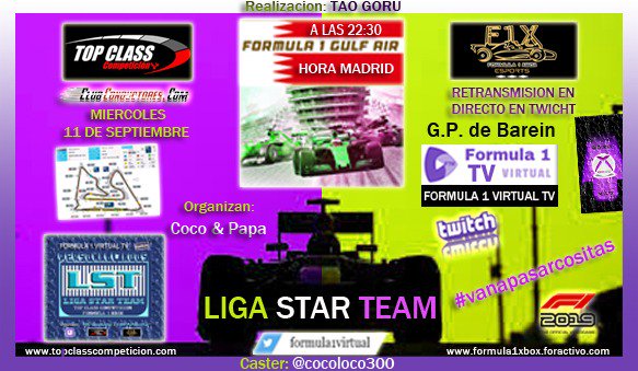 Si si si  el Miércoles ya esta aquí   Es turno de la LST    2° Entrega 
Circuito:    Barein      22:30    en                        <a href="/formula1virtual/">Formula 1 Virtual</a>
Os esperamos 🏁🏎🎙
CASTER : <a href="/cocoloco300/">cocoloco29</a> 
Realización: @Javipil
Producción: <a href="/PaPaDeViLs/">Car World Righs</a> 
      twich.tv/formula1virtual