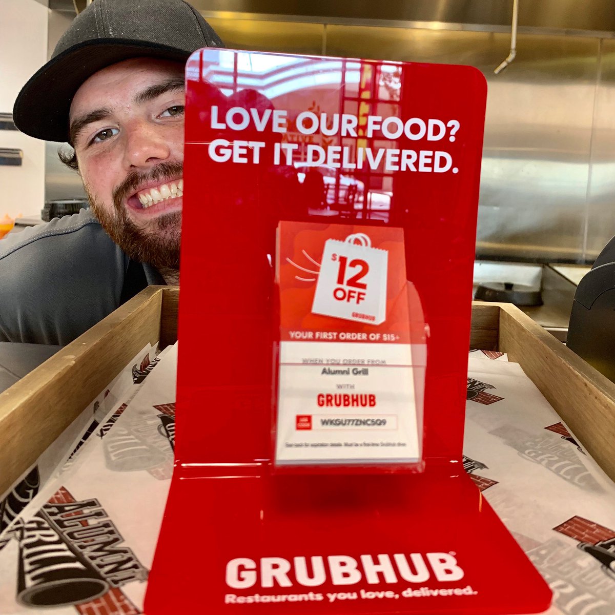 AlumniGrill's tweet photo. Get food delivered with Grubhub!! If you haven’t made a account, stop by to receive $12 off of your first order of $15 or more! https://t.co/GMQKTrWwK9