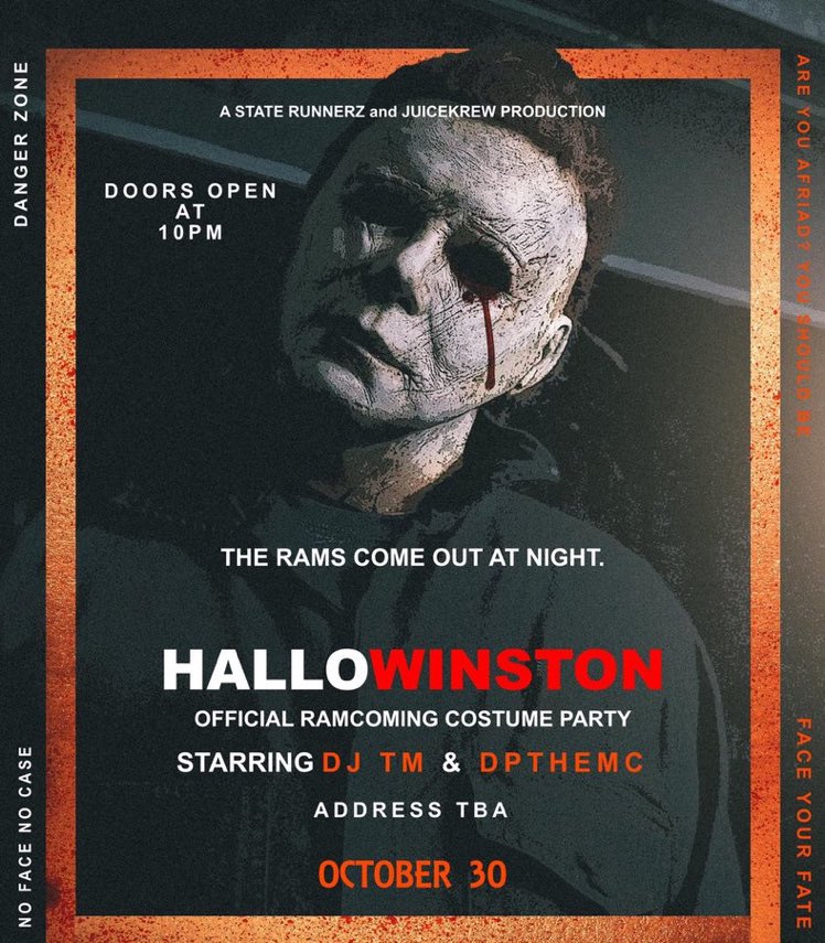 TweetsFromNBA's tweet photo. 1 OF MANY HOMECOMING MOVES
OCTOBER 30TH, 2019
#RAMCOMING WEDNESDAY
#HALLOWINSTON: THE OFFICIAL #RAMCOMING COSTUME PARTY
STARRING @iAmDJTM & @DPtheMC
“NO FACE, NO CASE, NO JUDGEMENT” 🤷🏾♂️
TICKETS DROP NEXT WEDNESDAY AT 8PM #WSSU https://t.co/aMorbvBqjf