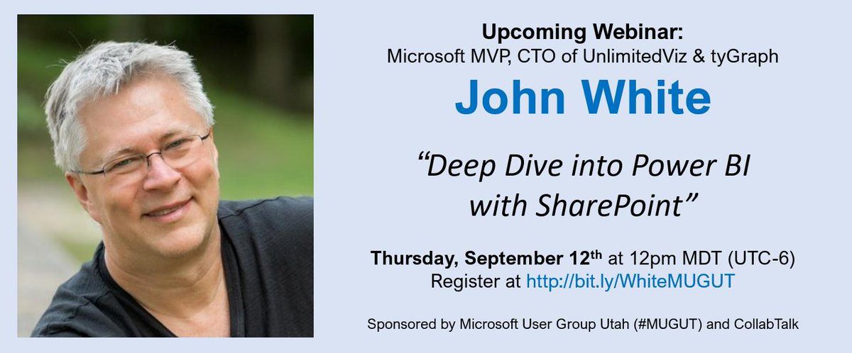 buckleyplanet's tweet photo. Don't miss tomorrow's webinar with MVP John White (@diverdown1964) on "Deep Dive into #PowerBI with #SharePoint"
Thursday, Sep 12th @ Noon MDT (UTC-6)
Register at https://t.co/TMd2jLgsAF #UTSPUG #MUGUT #MVPBuzz https://t.co/1FBiuyJaLO